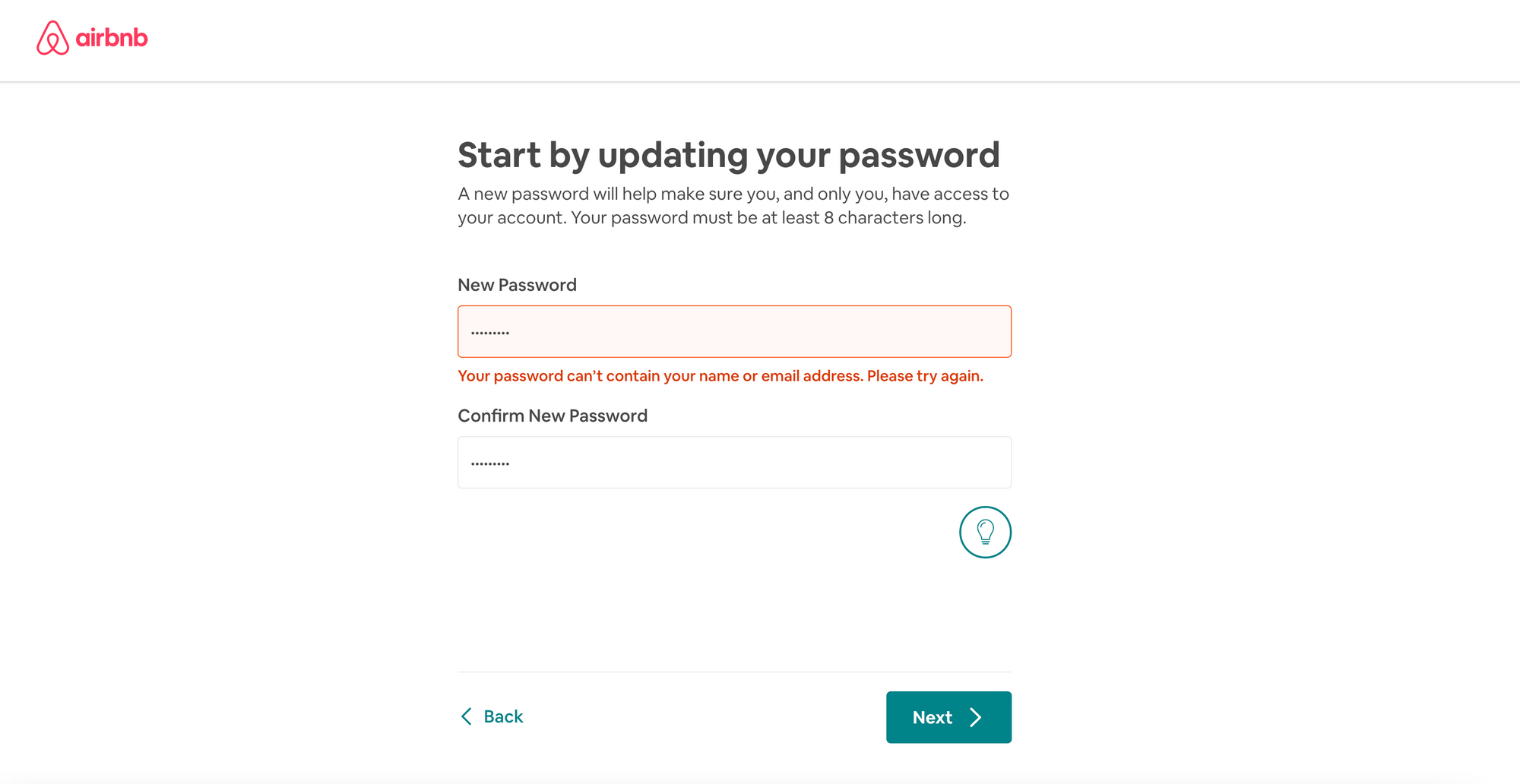 Your password can’t contain your name or email address